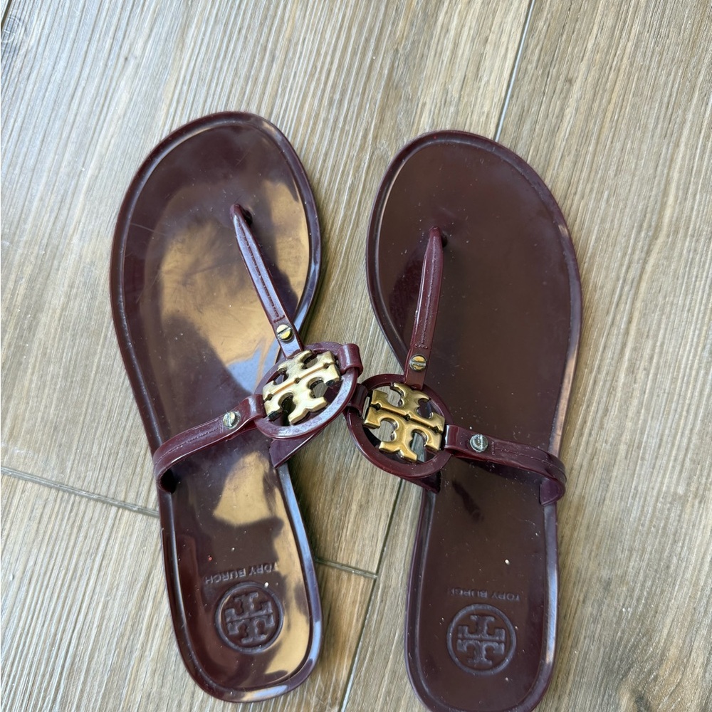 Tory Burch Burgundy Sandals with Gold Logo